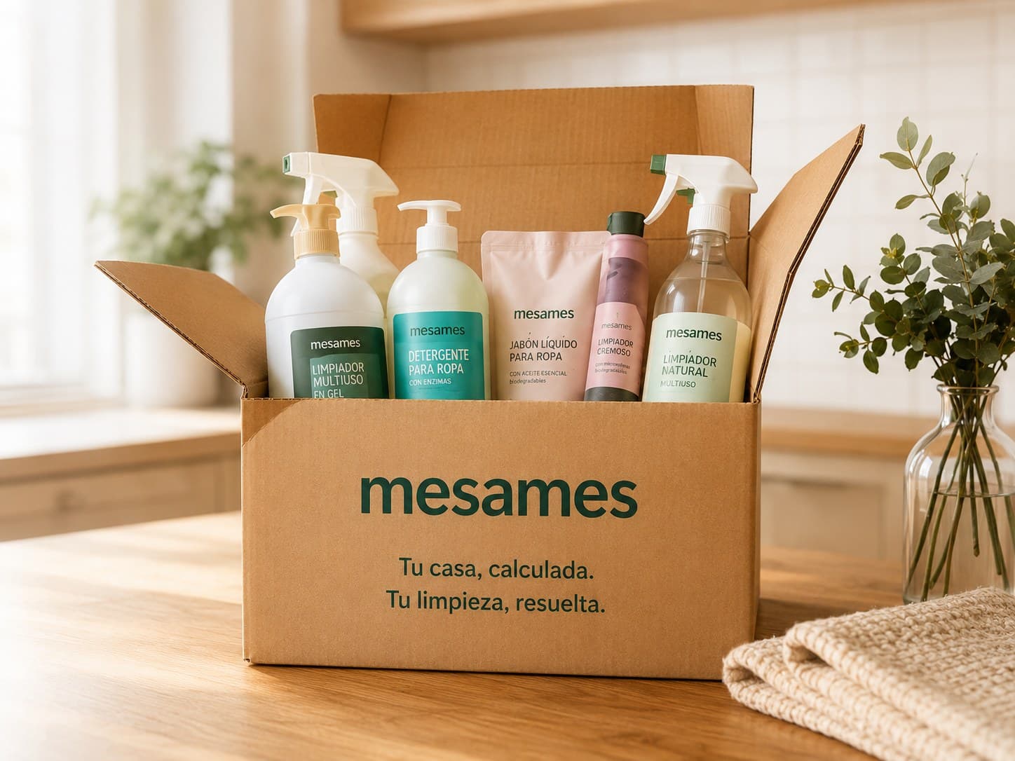 Caja de mesames abierta con productos de limpieza sobre una mesada